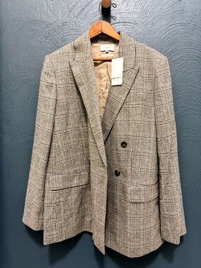 Vince Glen Plaid Double-Breasted Blazer in Tan
